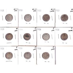 1931-1936 Canada 10-cents: 3x1931 VG-F, 2x 1935 VG, 6x 1936 Fine. Coin contains various imperfection