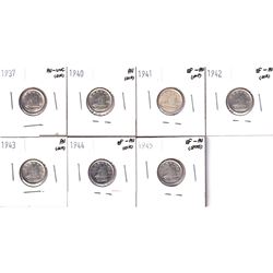 1937-1945 Canada 10-cents: 1937 AU-UNC, 1940 AU, 1941 EF-AU, 1942 Eve-Au, 1943 AU, 1944 EF-AU & 1945