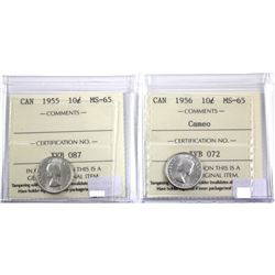 1955 & 1956 Cameo Silver 10-cents ICCS Certified MS-65. 2pcs