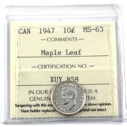 1947 Maple Leaf Canada 10-cent ICCS Certified MS-63