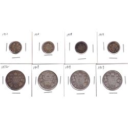 1910-1919 Canada silver 10-cent & 50-cent coins: 1910 10-cent,2x 1918 10-cent, 1919 10-cent, 1872 50
