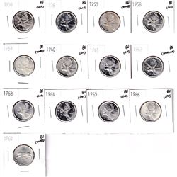 1955-1967 Canada 25-cent in Brilliant Uncirculated Condition. You will receive 13x coins dated betwe