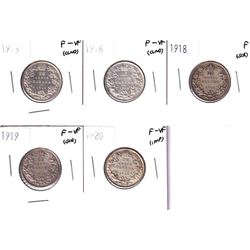 1913-1920 Canada 25-cents in Fine or Better condition. 1913 F-VF, 1916 F-VF, 1918 Fine, 1919 F-VF &