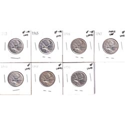1943-1950 Canada 25-cents in VF or Better Condition. 1943 EF-AU, 1945 EF-AU, 1946 VF-EF, 1947 Maple
