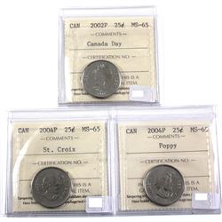2002P Canada Day, 2004P St. Croix & 2004P Poppy 25-cent ICCS Certified MS-65. 3pcs