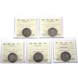 1902 AG-3, 1903 Fair , 1904 G-4, 1921 G-6, & 1927 G-6 Canada 25-cent ICCS Certified. 5pcs