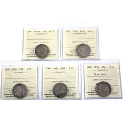 1902 AG-3, 1903 Fair , 1904 G-4, 1921 G-6,  & 1927 G-6 Canada 25-cent ICCS Certified. 5pcs