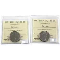 2001 & 2001P Canada 25-cent ICCS Certified MS-65. 2pcs
