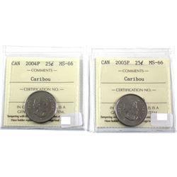2004P & 2005P Canada 25-cent ICCS Certified MS-66. 2pcs