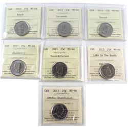 25-cent 2012 & 2013 ICCS Certified MS-66. Included are 2012 Brock, 2012 Tecumseh, 2013 Secord, 2013