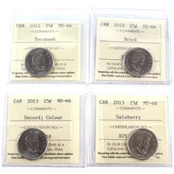 25-cent 2012 Tecumseh, 2012 Brock, 2013 Coloured Secord, 2013 Salaberry ICCS Certified MS-66. 4pcs.