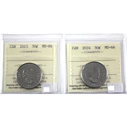 2015 & 2016 Canada 50-cent ICCS Certified MS-66. 2pcs