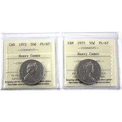 1972 & 1975 Canada 50-cent ICCS Certified PL-67 Heavy Cameo. 2pcs