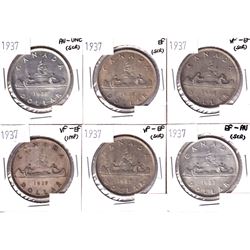 6x 1937 Canada Silver Dollar VF-EF or Better Condition. Coins contain various imperfections. Please