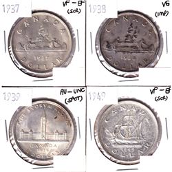 1937,1938,1939 & 1949 Silver Dollar VG or Better Condition. Coins contain various imperfections. Ple