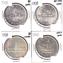 1935,1937, 1939 & 1949 Silver Dollar AU-UNC or Better (Toned/Scratched)