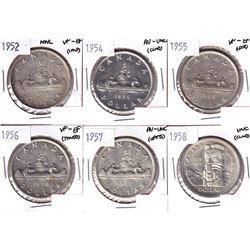 1952 NWL, 1954, 1955,1956,1957 & 1958 Canada Silver Dollar VF-EF or Better. Coins contain various im