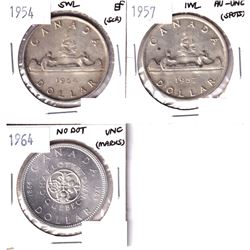 1954 SWL EF, 1957 1 waterline AU-UNC & 1964 No Dot UNC Silver Dollars. Coins contain various imperfe