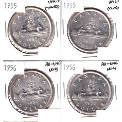 2x 1955 & 2x 1956 Silver Dollar AU-UNC/UNC+ condition. Coins contain various imperfections. Please v
