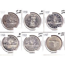 1957, 1958,1959,1960,1963 & 1967 Canada Silver Dollar VF-EF or Better Condition. Coin contains vario