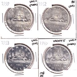 1959,1962,1963 & 1965 Variety 5 Canada Silver Dollar in AU or Better Condition. Coin contains variou