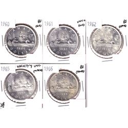 1960,1961,1962,1965 Variety 4 & 1966 Canada Silver Dollar in UNC or Better Condition. Coin contains