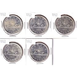 5x 1962 Canada silver dollars. 5pcs