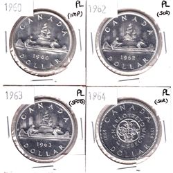 1960, 1962,1963 & 1964 Canada Silver Dollar in Proof-like (impaired/scratched)4 pcs