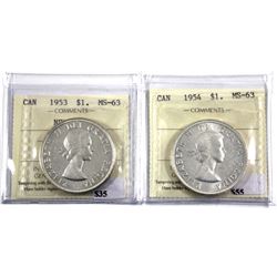 1953 NSF & 1954 Silver Dollar ICCS Certified MS-63. 2pcs