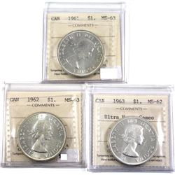 1961,1962,1963 Ultra Heavy Cameo Silver Dollar ICCS Certified MS62/63. 3pcs