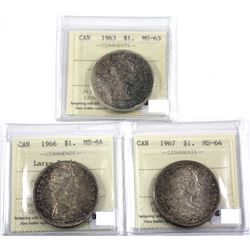 1963,1966 Large Beads & 1967 Silver Dollar ICCS Certified MS-63/MS-64. 3pcs