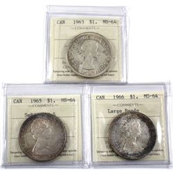 1963, 1965 SmBds Ptd 5 & 1966 Large Beads Silver dollar ICCS Certified MS-64. 3pcs