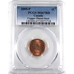 1-cent 2005-P PCGS Certified MS-67 RED! This is a Magnetic Copper plated steel coin.
