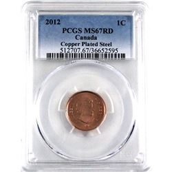 1-cent 2012 PCGS Certified MS-67 RED! Mint Logo below Queen's Bust, This is a Magnetic copper plat