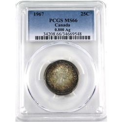 25-cent 1967 PCGS Certified MS-66. This is a .800 Fine version, coin has  bullseye toning  with soft