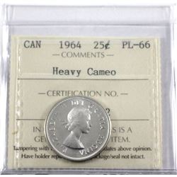 25-cent 1964 ICCS Certified PL-66 Heavy Cameo! A Blast White mirror finish coin,