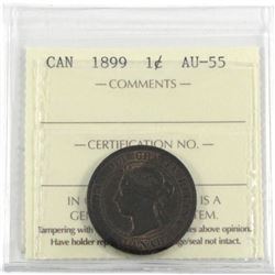 1899 1-Cent ICCS Certified AU-55. Repunch 9, (not mentioned on holder) Coin has trace red throughout