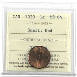 1920 1-cent small, ICCS Certified MS-64 RED! First year for the Canadian Small cents, this coin has