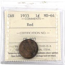 1933 1-cent ICCS Certified MS-64 RED. A lustrous coin that is a mixture of RED & Brown tones. (smal