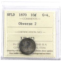 Newfoundland 1870 10-cent Ob.. 2, ICCS Certified G-4 *Key Date*