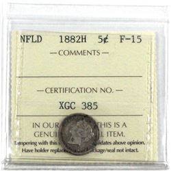 Newfoundland 1882H 5-cent ICCS Certified F-15.