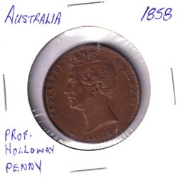 1858 Australia Penny Token featuring Professor Holloway. Reverse: "Holloways Pills and Ointment". Me