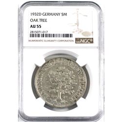 Germany 1932D Silver 5 Mark "Oak Tree" NGC Certified AU-55. A bright commemorative coin with an attr