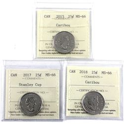 Group Lot of 3x 25-cent all ICCS Certified MS-66. Lot includes: 2015 Caribou, 2017 Stanley Cup, & 20