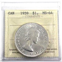 1959 Silver $1.00 ICCS Certified MS-64. A Bright coin with light toning throughout.