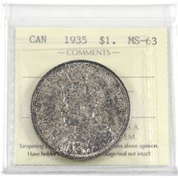 1935 Silver $1.00 ICCS certified MS-63. Appears to be an end of roll coin with the reverse a near fu