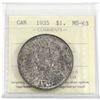 Image 1 : 1935 Silver $1.00 ICCS certified MS-63. Appears to be an end of roll coin with the reverse a near fu