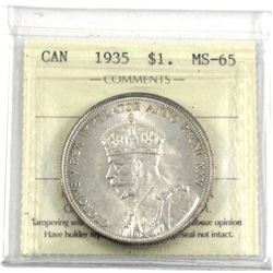 1935 Silver $1.00 ICCS certified MS-65. A near full white coin with soft satin finishes.
