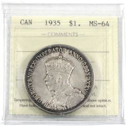 1935 Silver $1.00 ICCS certified MS-64. An attractive original coin with deep tones just around the