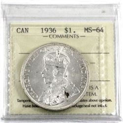 1936 Silver $1.00 ICCS certified MS-64. A bright white coin with a few spots of toning.